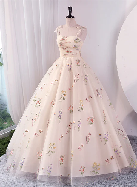 Sweet A Line Spaghetti Straps Lvory Floral Tulle Ball Gown  Long Prom Dress,Evening Dress GG238