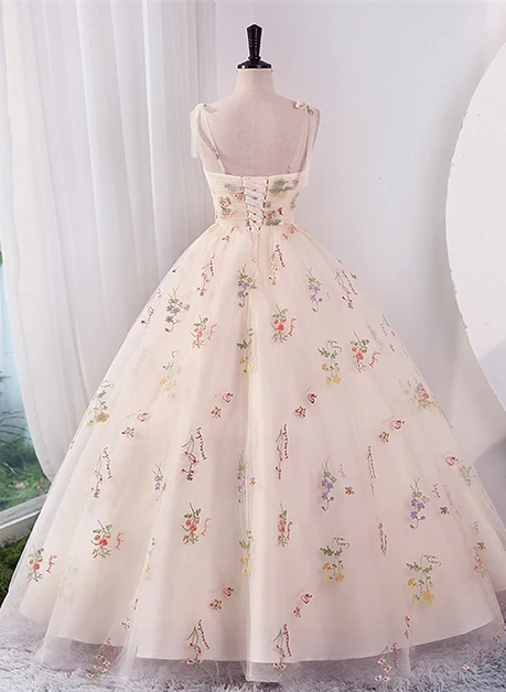 Sweet A Line Spaghetti Straps Lvory Floral Tulle Ball Gown  Long Prom Dress,Evening Dress GG238