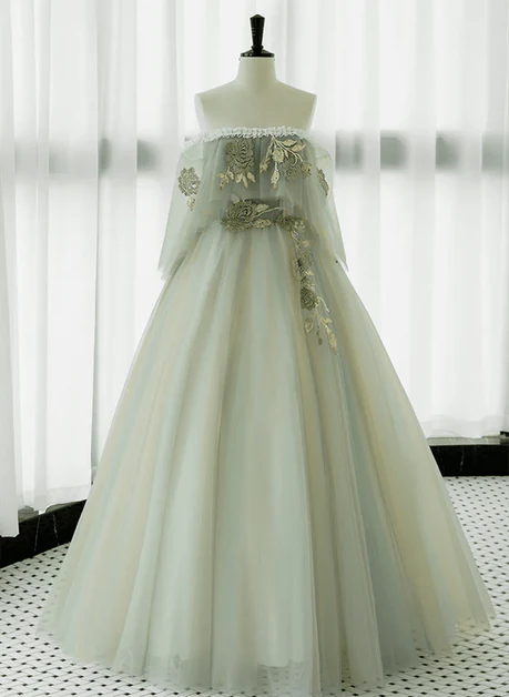 Fresh A Line Off The Shoulder Light Green Tulle with Lace Long Prom Dress, Evening Dress GG240