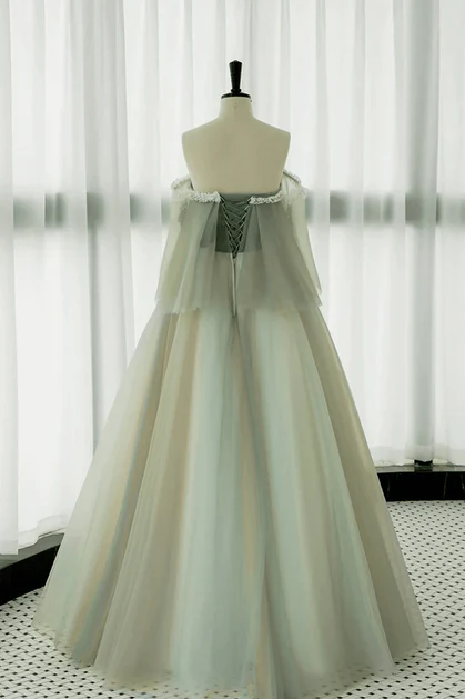 Fresh A Line Off The Shoulder Light Green Tulle with Lace Long Prom Dress, Evening Dress GG240