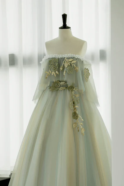 Fresh A Line Off The Shoulder Light Green Tulle with Lace Long Prom Dress, Evening Dress GG240