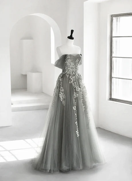 Chic A Line Off The Shoulder Sweetheart Light Grey Tulle Lace Applique Long Prom Dresses, Evening Dress  GG243