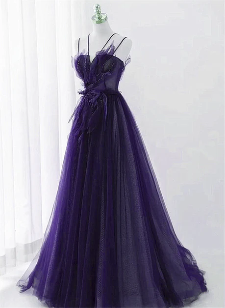 Chic A Line Spaghetti Straps Purple Tulle with Lace Applique Long Prom Dress, Evening Dress  GG244