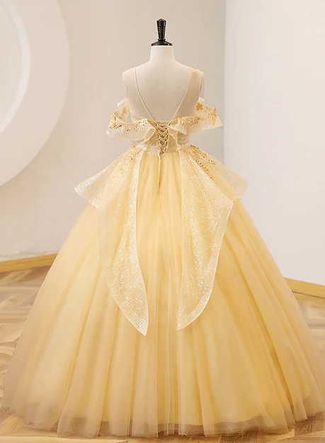 Exquisite A Line Light Yellow Tulle With Beadings And Lace Long Prom Dress, Evening Dress  GG248