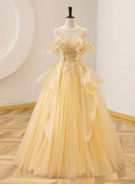 Exquisite A Line Light Yellow Tulle With Beadings And Lace Long Prom Dress, Evening Dress  GG248