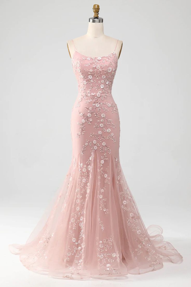 Sparkly Mermaid Spaghetti Straps Light Pink Sequined Appliques With Sweep Train Long Prom Dress,Evening Dresses GG256