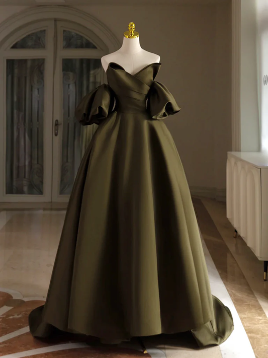 Simple A Line Off The Shoulder Puff Sleeves Olive Green Satin Long Prom Gresses,Evening Dresses  GG268