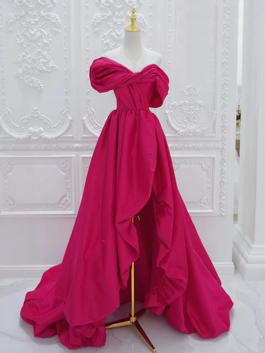 Simple A Line Off The Shoulder High Low Satin Rose Red Long Prom Dress, Evening Dress GG270