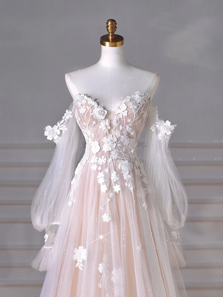 Chic A Line Long Sleeves Tulle Lace Light Pink Applique Long Prom Dress, Evening Dress GG273