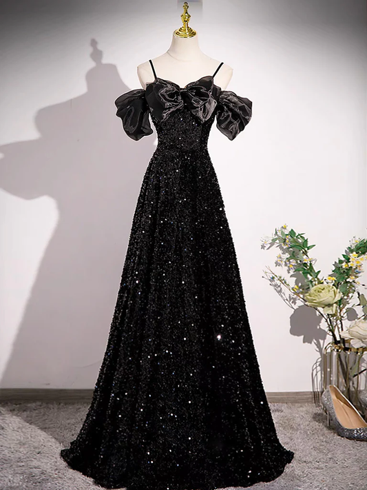 Shiny A Line Off The Shoulder Black Bow Tulle Sequins Long Prom Dress, Evening Dress GG277