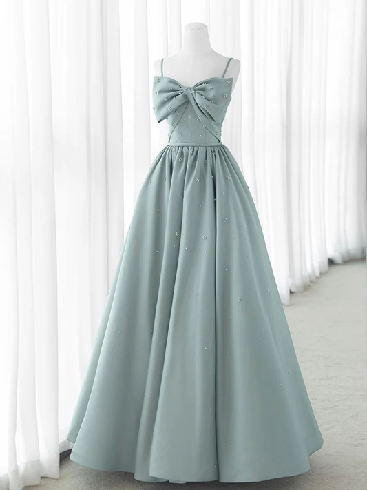 Simple A Line Sweetheart Neck Spaghetti Straps Satin Beads Blue Bow Long Prom Dress, Evening Dress GG279