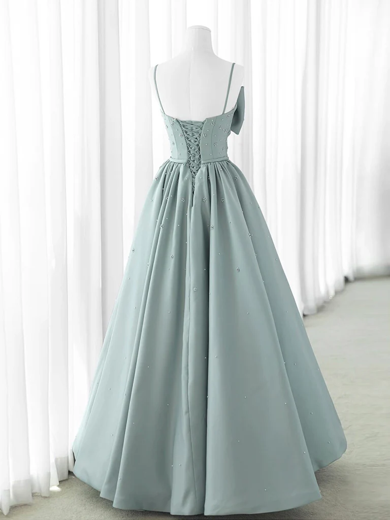 Simple A Line Sweetheart Neck Spaghetti Straps Satin Beads Blue Bow Long Prom Dress, Evening Dress GG279