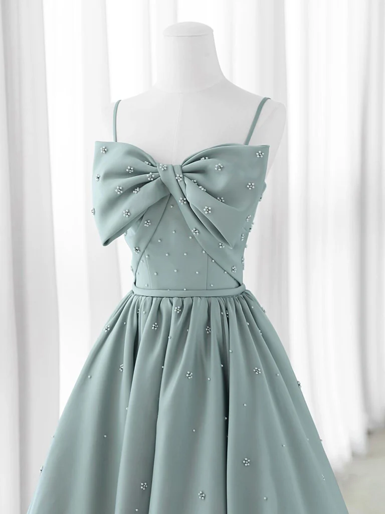 Simple A Line Sweetheart Neck Spaghetti Straps Satin Beads Blue Bow Long Prom Dress, Evening Dress GG279