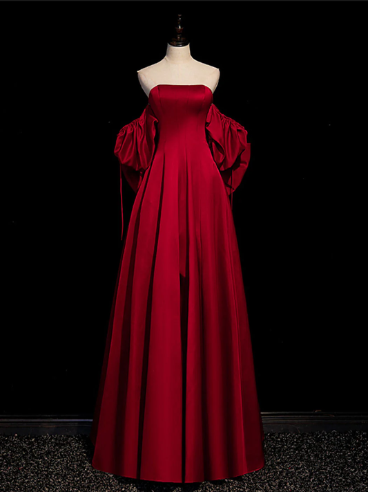 Chic A Line Strapless Satin Back Bow Burgundy Long Prom Dress, Evening Dress GG280