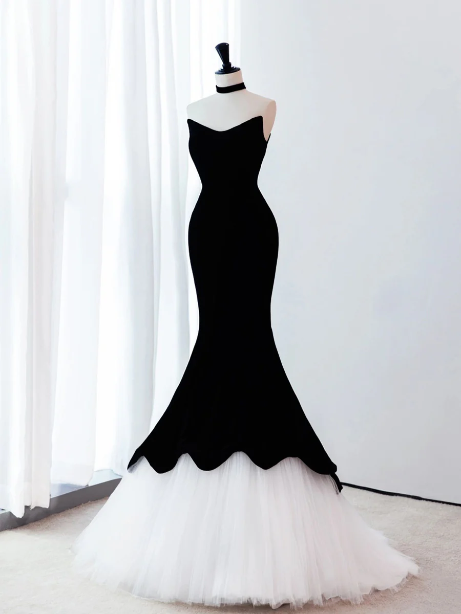 Elegant Black Mermaid Strapless Velvet  White Tulle Stitching At The Hem Long Prom Dress, Evening Dress GG288