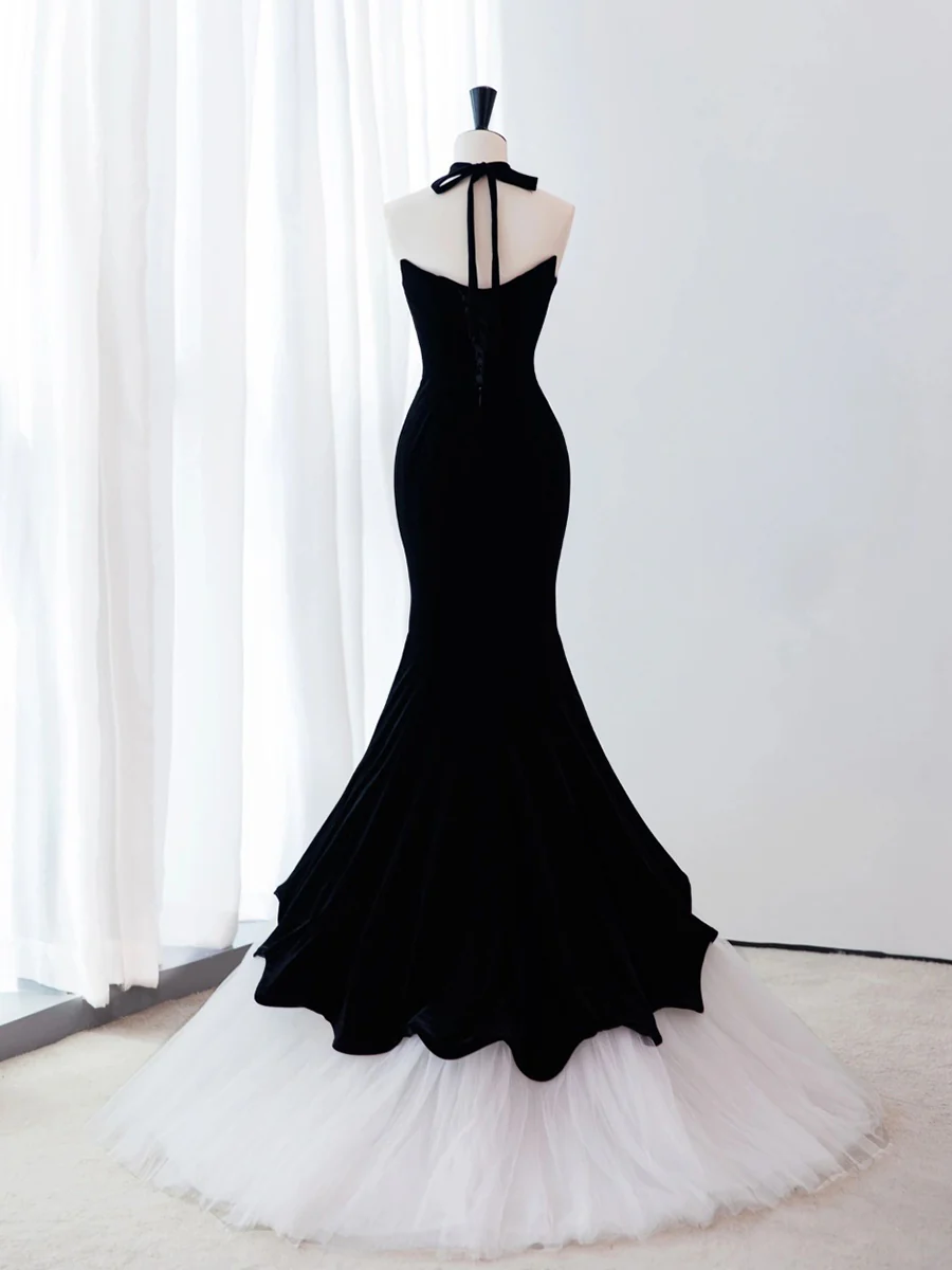 Elegant Black Mermaid Strapless Velvet  White Tulle Stitching At The Hem Long Prom Dress, Evening Dress GG288