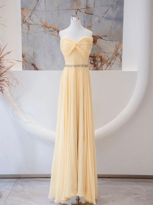 Chic A Line Pastel Yellow Sweetheart Tulle Beading Belt Long Prom Dress,Evening Dress GG295