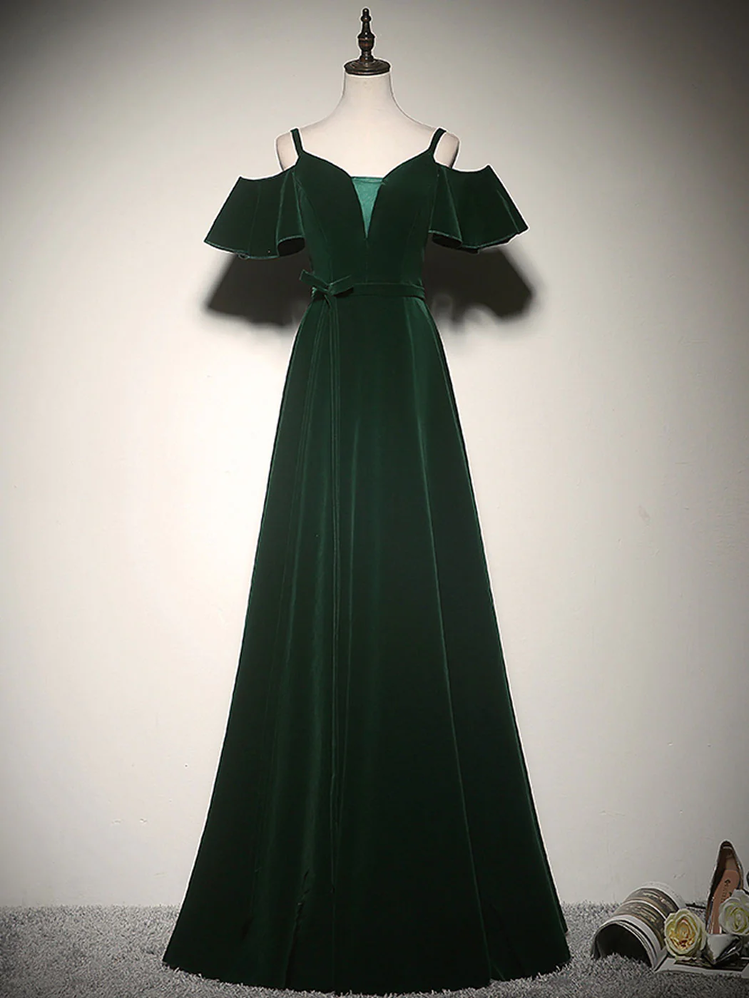 Elegant A Line Off The Shoulder Spaghetti Straps Green Velvet Long Prom Dress,Evening Dress GG297