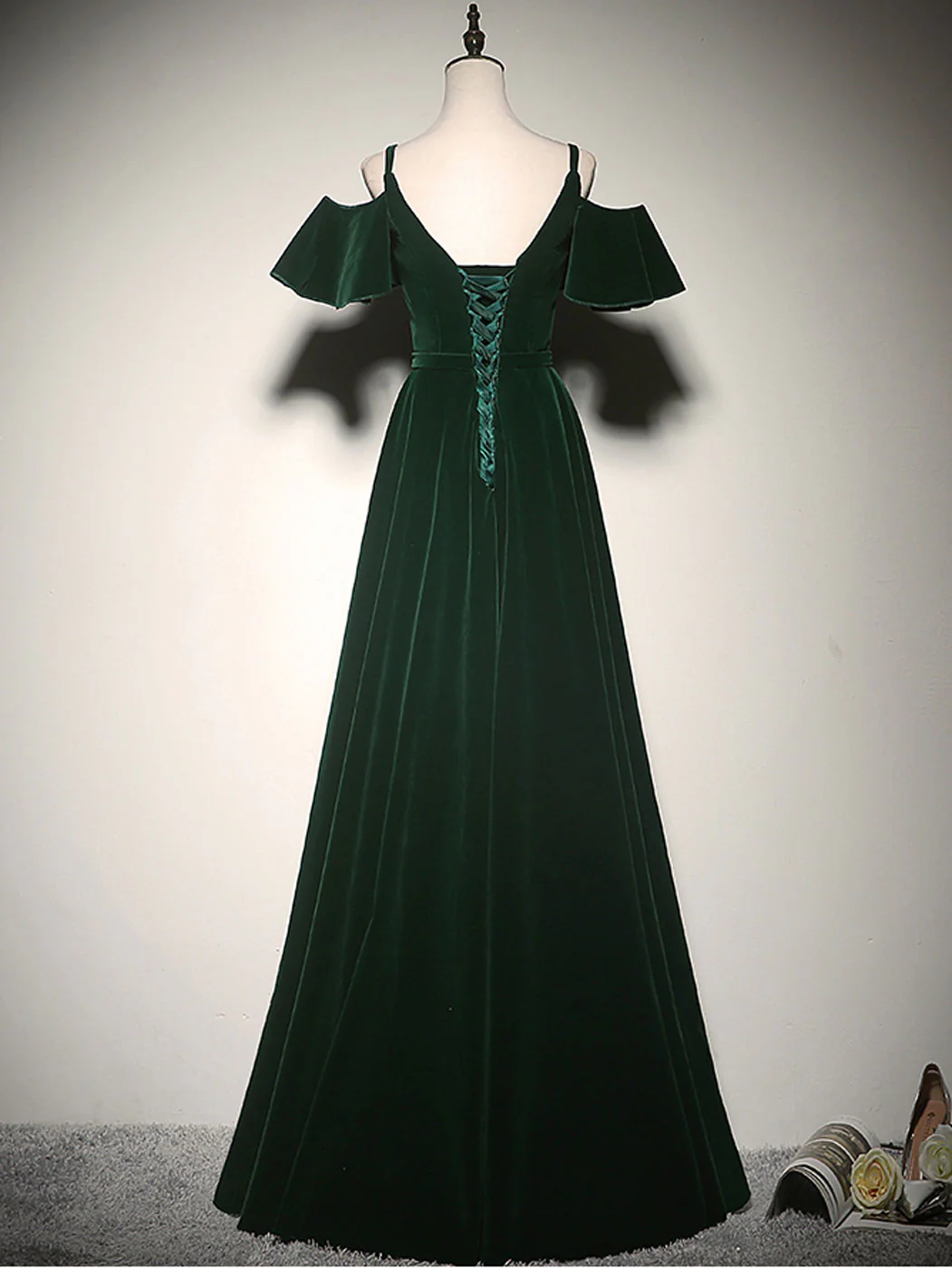 Elegant A Line Off The Shoulder Spaghetti Straps Green Velvet Long Prom Dress,Evening Dress GG297