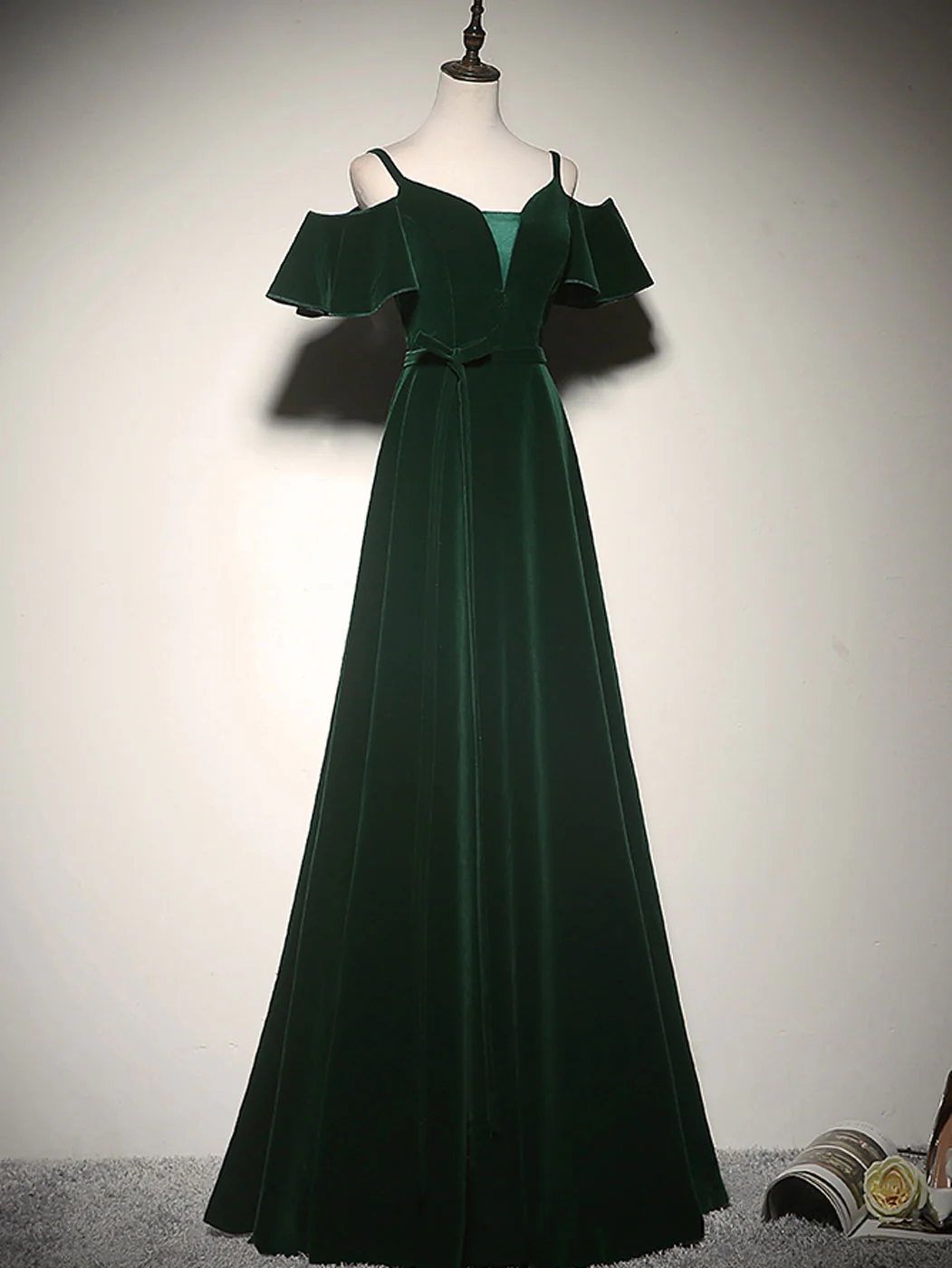 Elegant A Line Off The Shoulder Spaghetti Straps Green Velvet Long Prom Dress,Evening Dress GG297