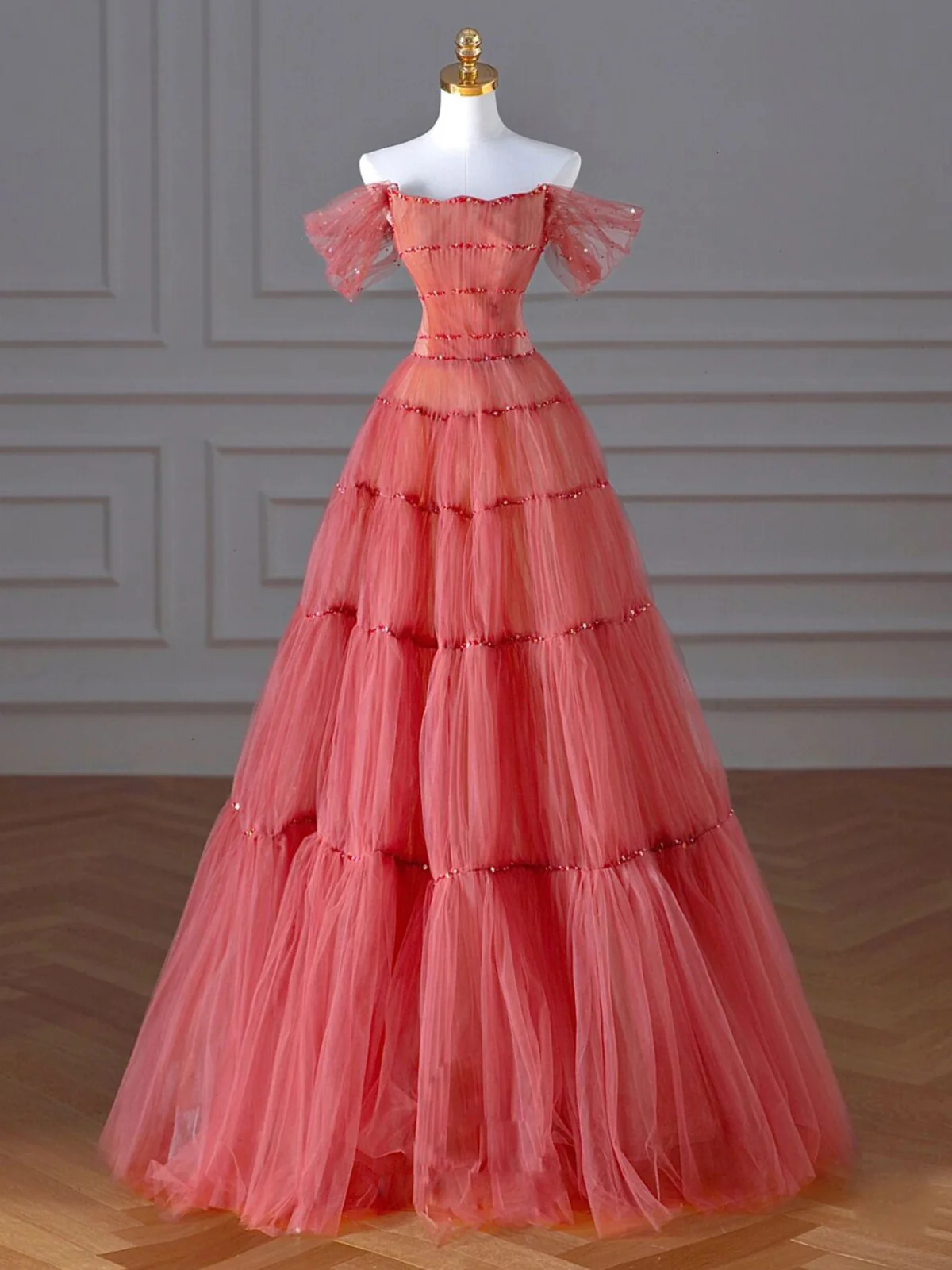 Sweet A Line Off The Shoulder Dark Peach Beading Tulle Long Prom Dress,Evening Dress GG300