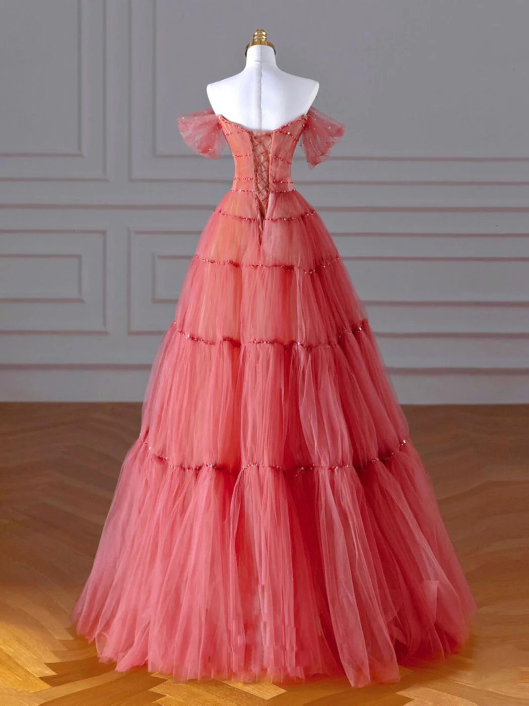 Sweet A Line Off The Shoulder Dark Peach Beading Tulle Long Prom Dress,Evening Dress GG300