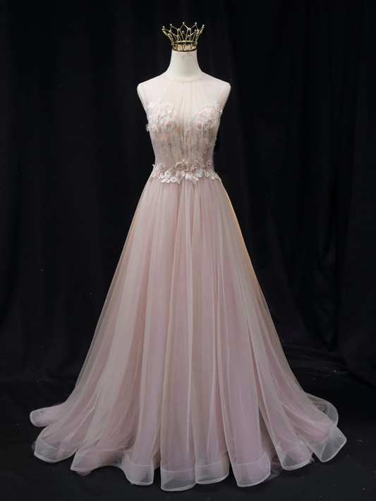 Sweet A Line Halter Pink Applique Tulle Long Prom Dress,Evening Dress GG301