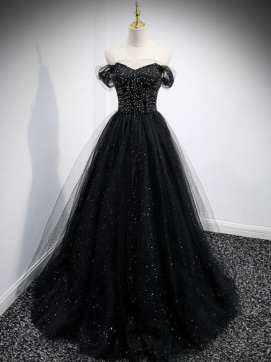 Shiny A Line Off The Shoulder Black Beading Tulle Long Prom Dress,Evening Dress GG303