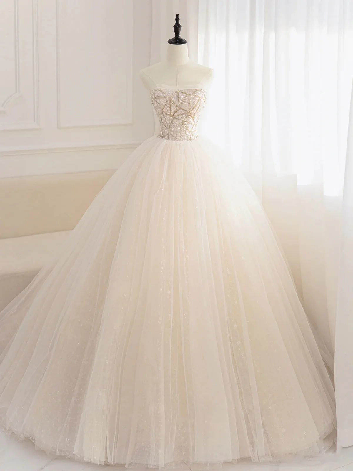 Shiny A Line Strapless Light Lvory Beading Sequin Tulle Long Prom Dress,Wedding Dresses,Evening Dress GG304