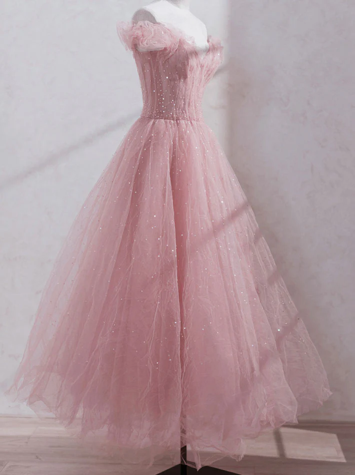 Shiny A Line Sweetheart Pink Tulle Sequin Tea Length Prom Dress,Evening Dress GG309