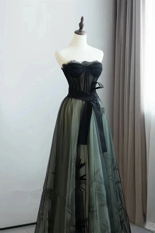 Chic A Line Strapldess Sweetheart Tulle Black Belt Long Prom Dress,Evening Dress GG324