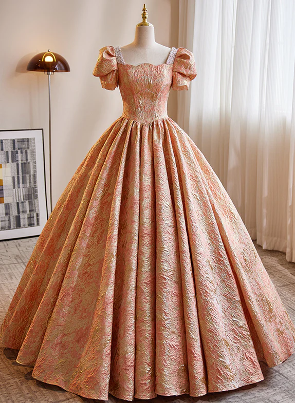 Beautiful Ball Gown Square Pastel Orange Short Bubble Sleeves Satin Long Prom Dress,Evening Dress GG326