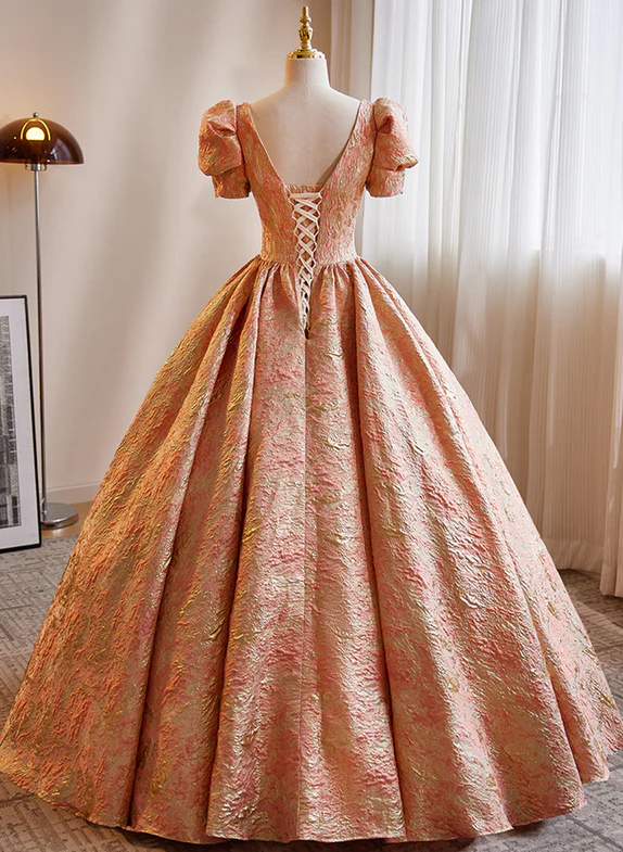 Beautiful Ball Gown Square Pastel Orange Short Bubble Sleeves Satin Long Prom Dress,Evening Dress GG326