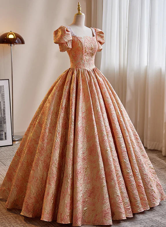 Beautiful Ball Gown Square Pastel Orange Short Bubble Sleeves Satin Long Prom Dress,Evening Dress GG326