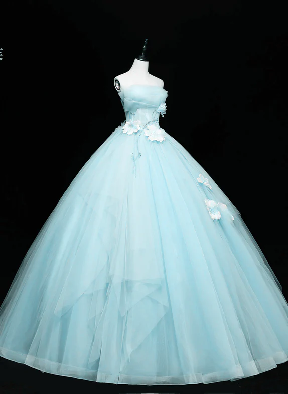 ELegant Ball Gown Strapless Blue Tulle Long Prom Dress,Wedding Dresses,Evening Dress GG330