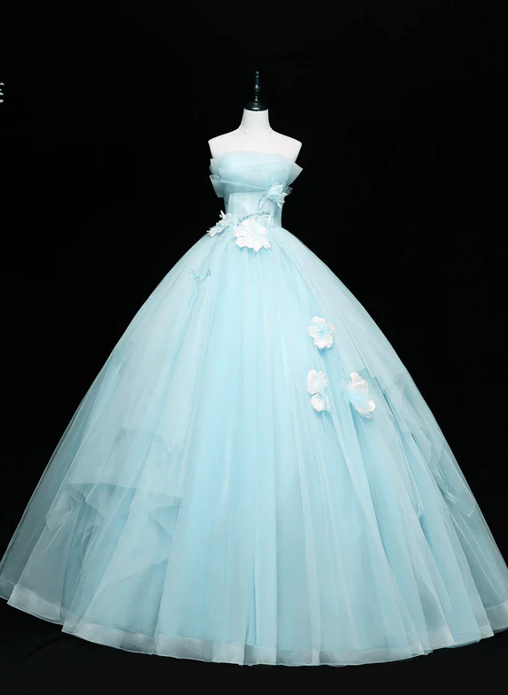 ELegant Ball Gown Strapless Blue Tulle Long Prom Dress,Wedding Dresses,Evening Dress GG330