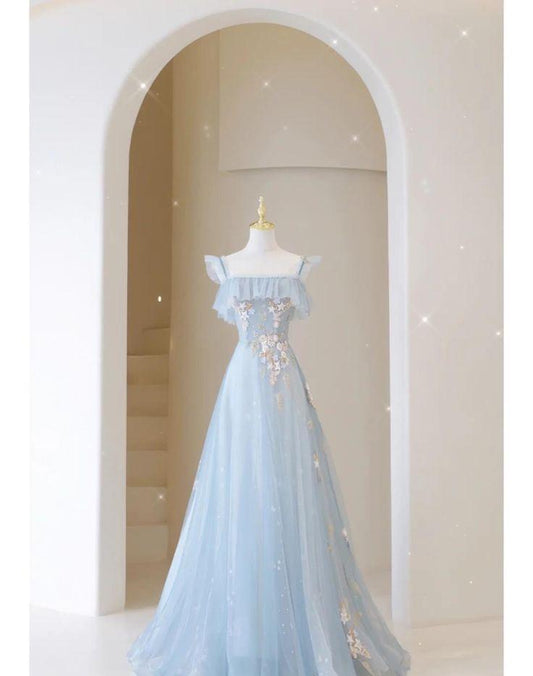 Chic A Line Square Light Blue Sequin Tulle Long Prom Dress,Evening Dress GG341