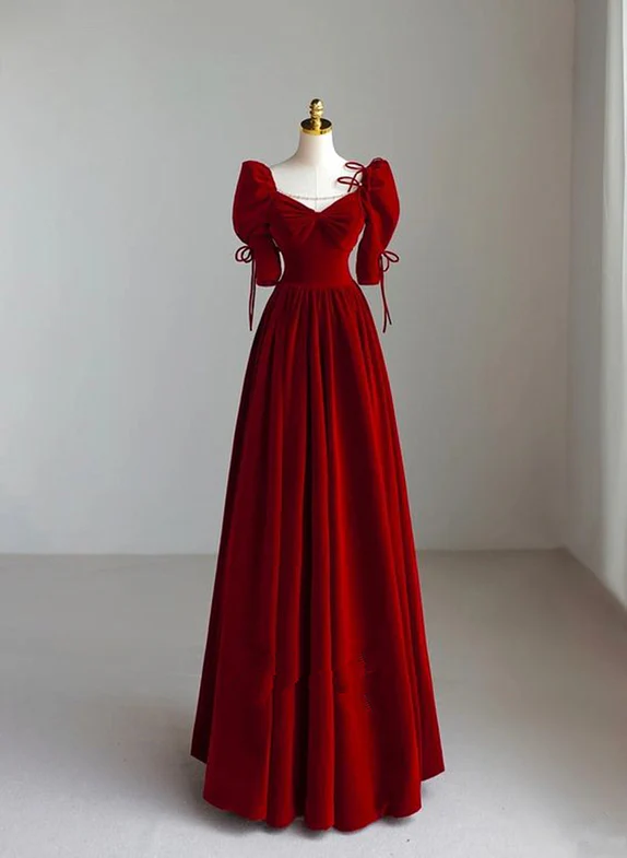 Charming A Line Sweetheart Red Velvet Short Bubble Sleeves Long Prom Dress,Evening Dress GG351