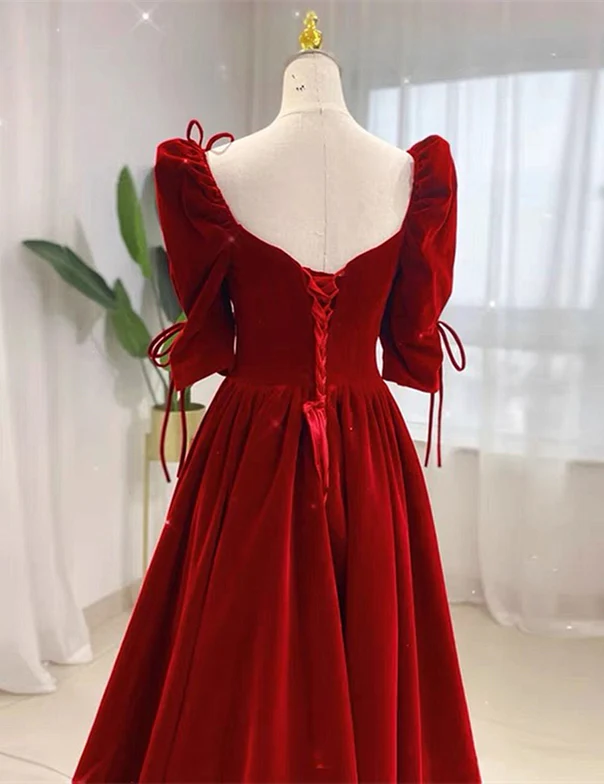 Charming A Line Sweetheart Red Velvet Short Bubble Sleeves Long Prom Dress,Evening Dress GG351