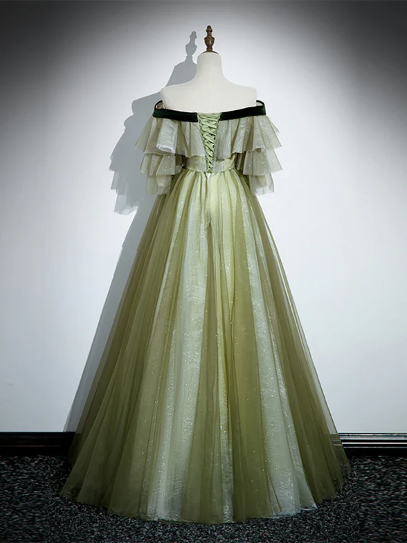 Charming A Line Light Green Tulle With Lace Short Sleeves Long Prom Dress,Evening Dress GG352