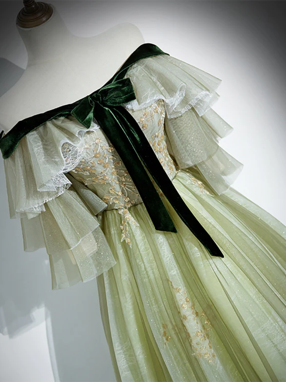 Charming A Line Light Green Tulle With Lace Short Sleeves Long Prom Dress,Evening Dress GG352