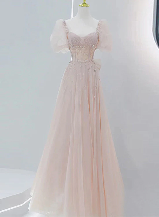 Charming A Line Sweetheart Pink Beaded Short Bubble Sleeves Long Prom Dress,Evening Dress GG359