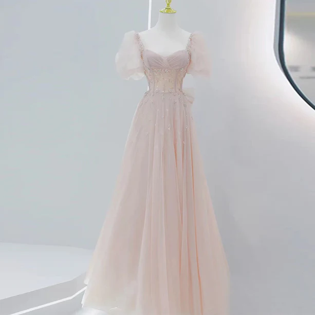 Charming A Line Sweetheart Pink Beaded Short Bubble Sleeves Long Prom Dress,Evening Dress GG359