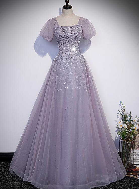 Charming A Line Square Lilac Beaded Sequin Tulle Short Bubble Sleeves Long Prom Dress,Evening Dress GG360