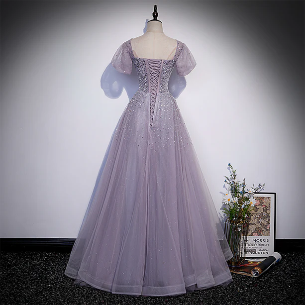 Charming A Line Square Lilac Beaded Sequin Tulle Short Bubble Sleeves Long Prom Dress,Evening Dress GG360