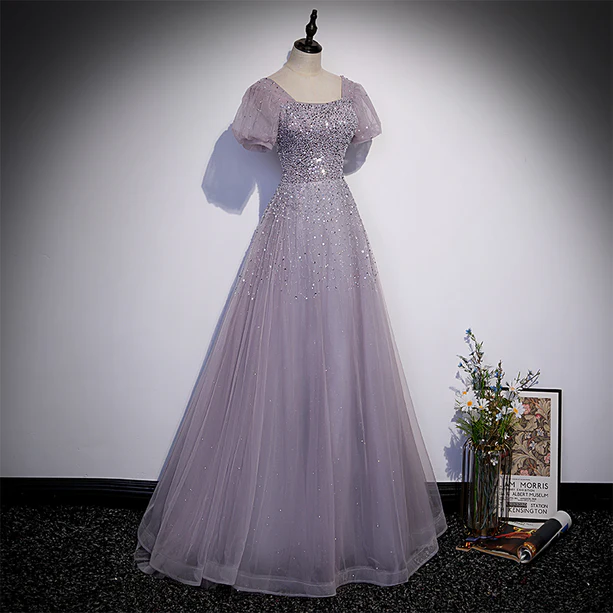 Charming A Line Square Lilac Beaded Sequin Tulle Short Bubble Sleeves Long Prom Dress,Evening Dress GG360