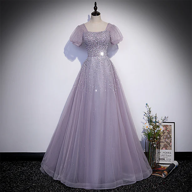 Charming A Line Square Lilac Beaded Sequin Tulle Short Bubble Sleeves Long Prom Dress,Evening Dress GG360