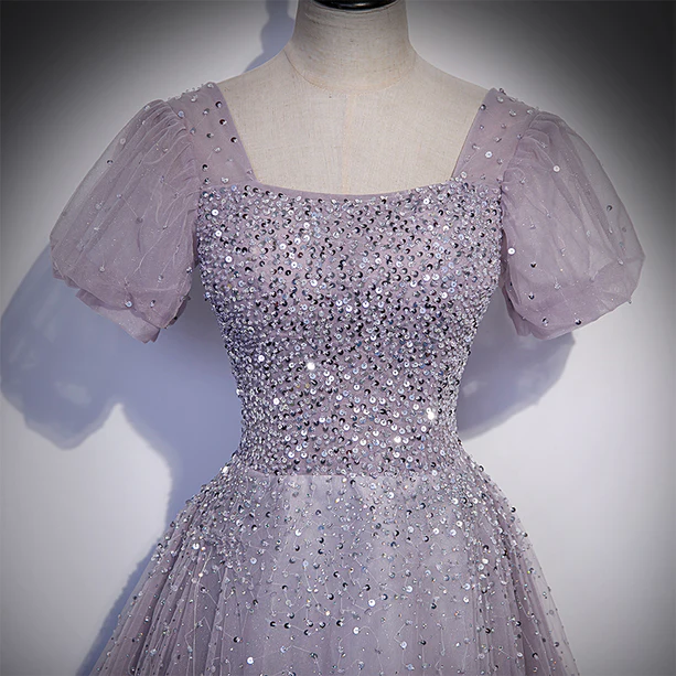 Charming A Line Square Lilac Beaded Sequin Tulle Short Bubble Sleeves Long Prom Dress,Evening Dress GG360