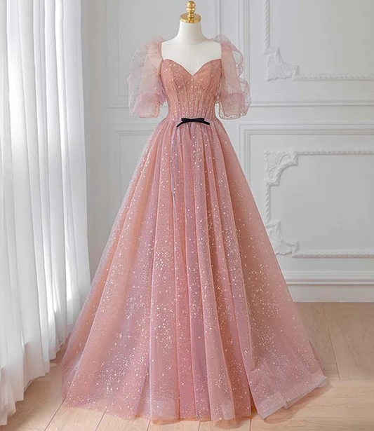 Charming A Line Sweetheart Peach Short Bubble Sleeves Long Prom Dress,Evening Dress GG362