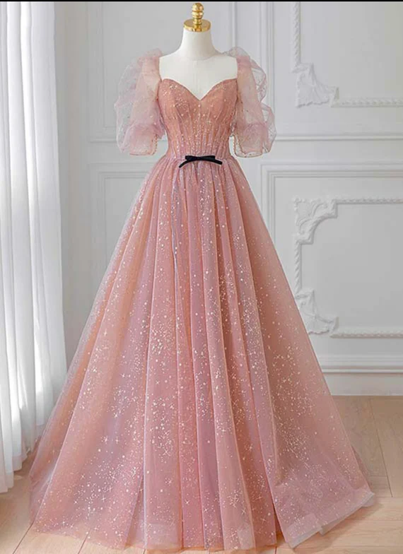 Charming A Line Sweetheart Peach Short Bubble Sleeves Long Prom Dress,Evening Dress GG362